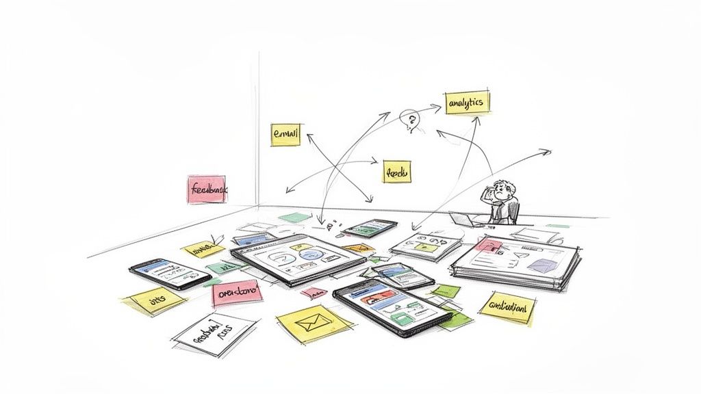A person overwhelmed by numerous data sources, digital devices, and information flow on a table.
