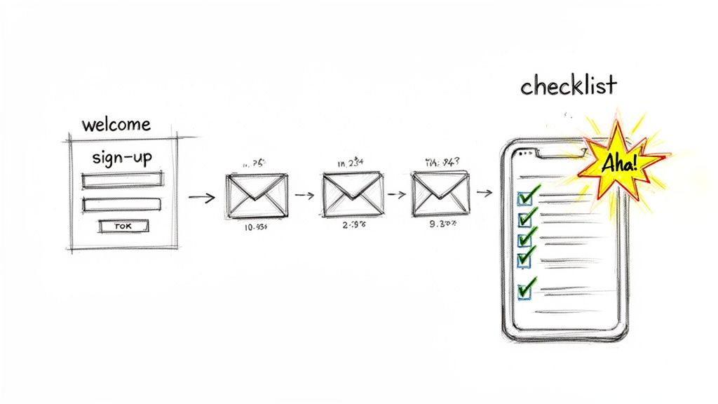 Diagram showing user onboarding: sign-up form, email sequence with conversion rates, leading to a completed checklist.