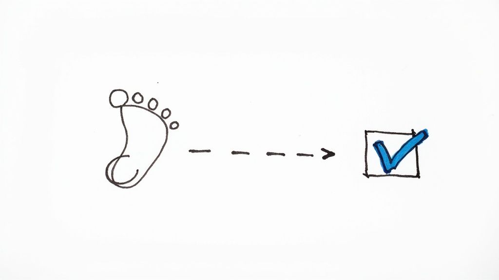 A drawing of a foot, a dashed line, and a checkmark in a box, symbolizing a path to completion.
