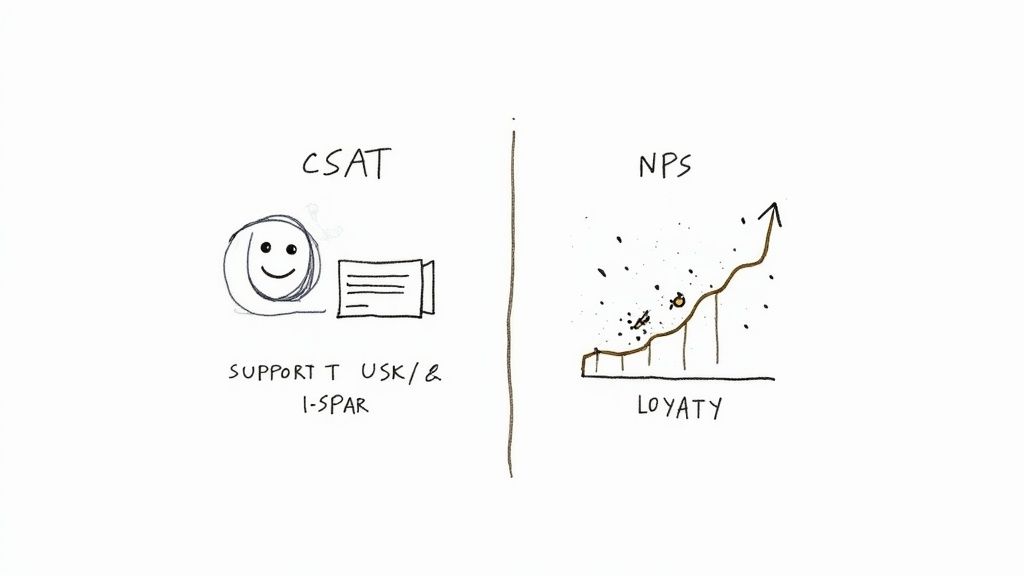 A person choosing between two different paths, representing the choice between CSAT and NPS metrics.