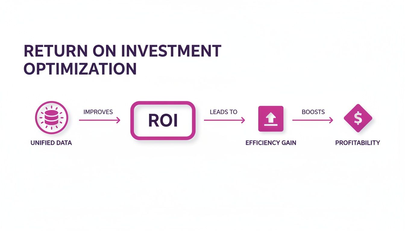 Flowchart illustrating return on investment optimization, showing unified data improves ROI, leading to efficiency gain, boosting profitability.