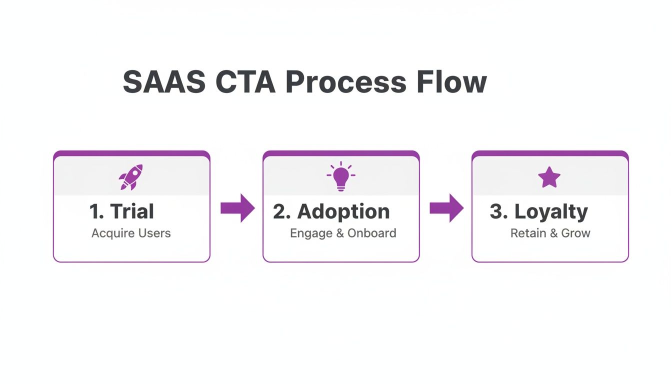 A diagram illustrating the SAAS Call to Action process flow: Trial, Adoption, and Loyalty stages.