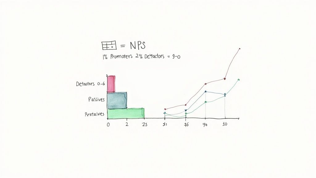 Hand-drawn chart displaying NPS categories (Detractors, Passives, Promoters) and three performance trend lines.