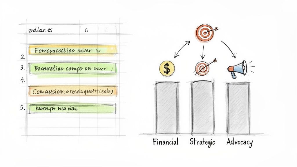 A handwritten diagram showing a spreadsheet and a business strategy with financial, strategic, and advocacy pillars.