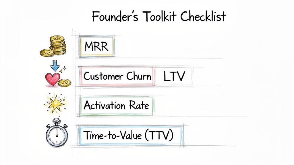 A hand-drawn checklist showing key performance indicators for founders: MRR, Customer Churn, LTV, Activation Rate, and TTV.