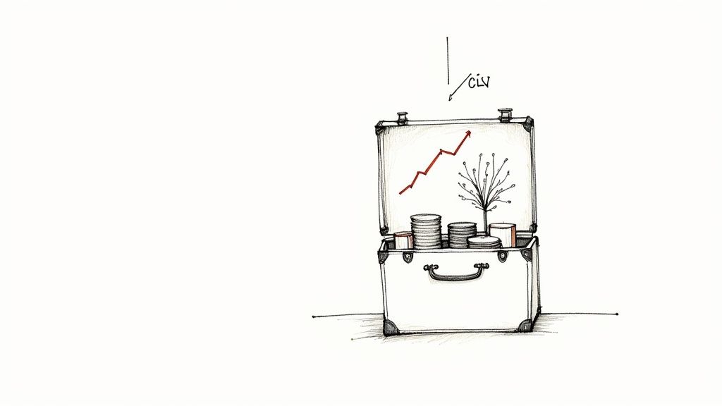 A drawing of an open suitcase containing money, a growing tree, and an upward graph, labeled CLV, symbolizing customer lifetime value.