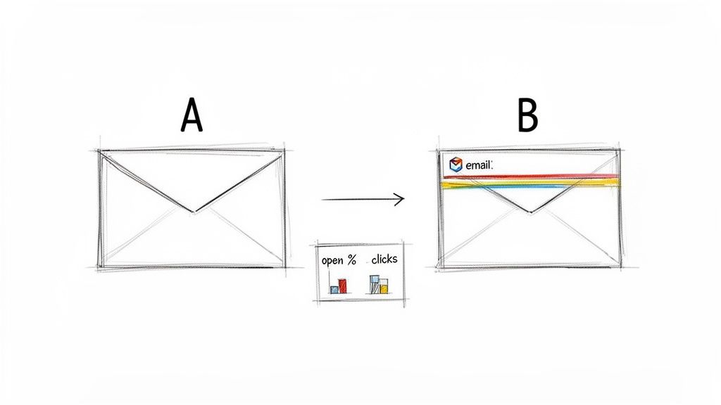 A/B test comparing plain email (A) with a branded, colorful email (B) and engagement metrics.