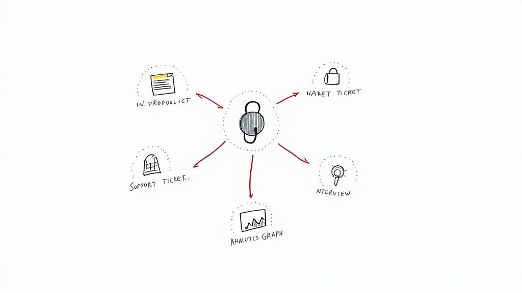 Workflow diagram showing locked icon connecting to market ticket, interview, analytics graph, support ticket, and product document