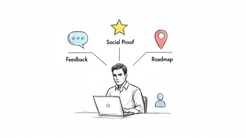 Illustration of a man on a laptop, with feedback, social proof, and roadmap concepts.