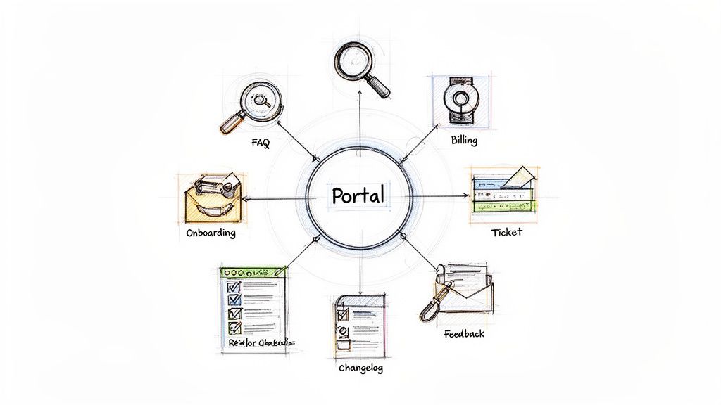 Diagram of a portal connecting to various self-service functions like FAQ, Billing, Onboarding, and Feedback.