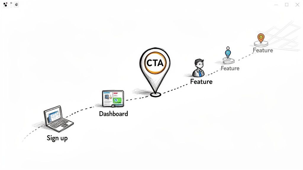 A user journey illustration detailing steps from sign up, dashboard, call to action, and features.