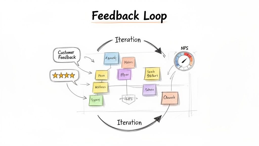 A diagram illustrating a feedback loop process from customer input to internal action, iteration, and NPS measurement.