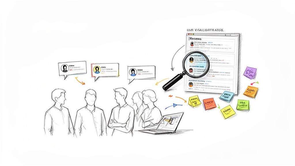 Illustration of a user experience design process, showing user feedback, review analysis, and insights.
