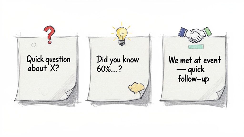 Three hand-drawn sticky notes with email subject line examples like questions and follow-ups.