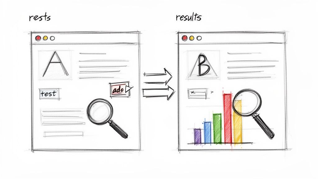 An illustration of two browser windows, depicting a transition from 'rests' with tests to 'results' with a bar chart.