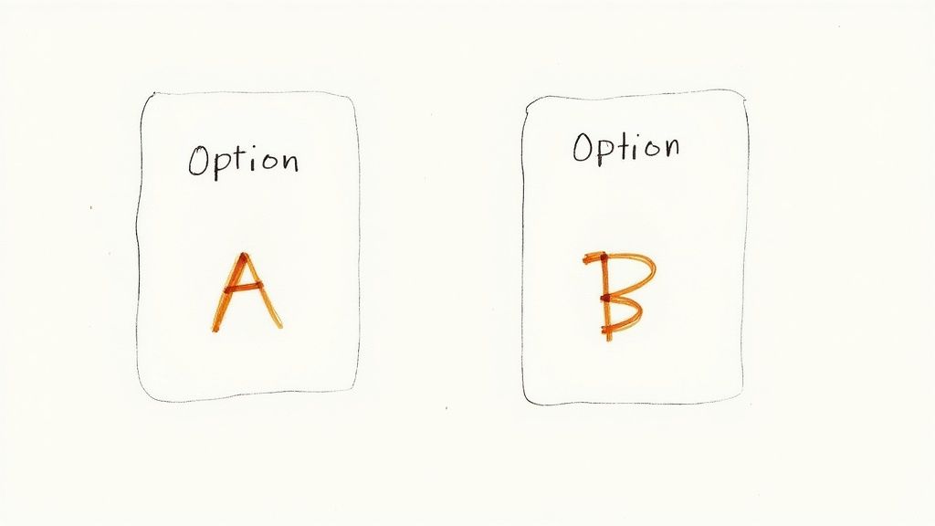 Two handwritten cards show 'Option A' and 'Option B' on a white background, suggesting a choice.