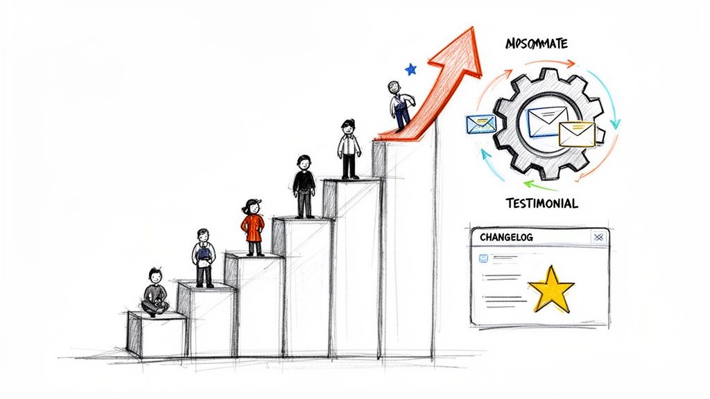 Illustration of people climbing a growth chart, with NPS, testimonials, and changelog indicating product improvement.