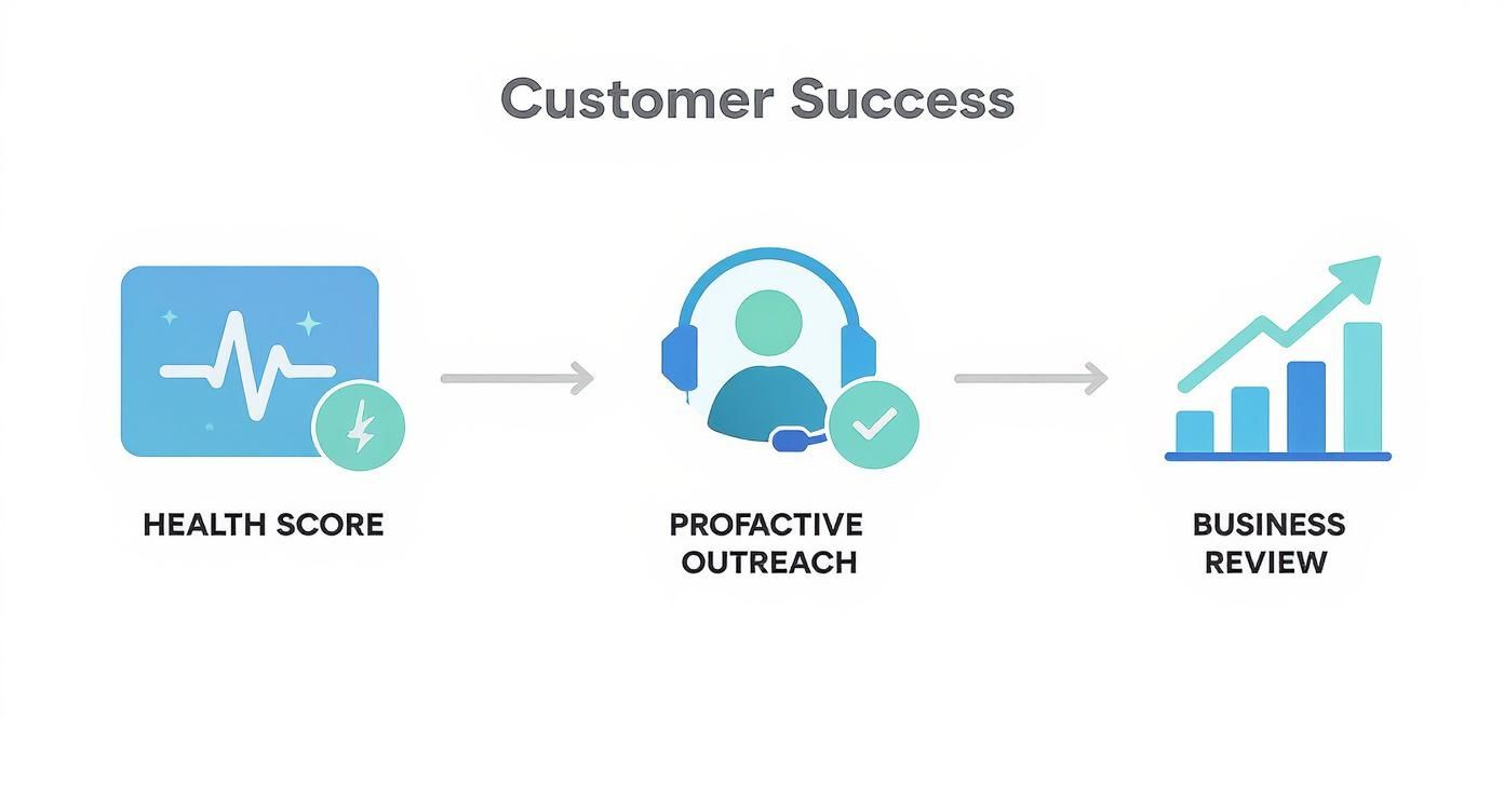A three-step customer success process flowchart with icons for health score, proactive outreach, and business review.