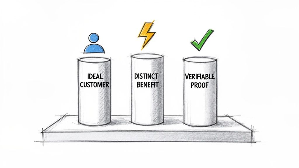 Three pillars on a platform representing Ideal Customer, Distinct Benefit, and Verifiable Proof.