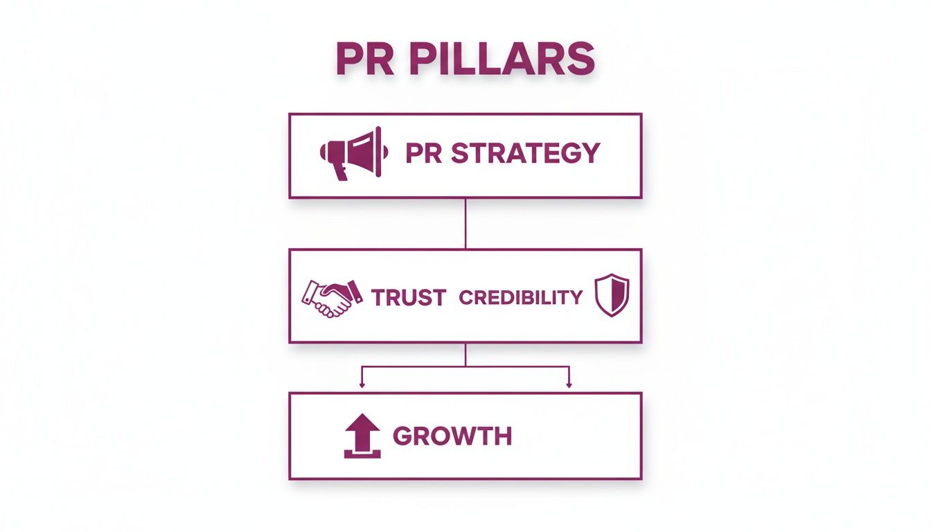 A diagram showing PR Pillars: PR Strategy, leading to Trust and Credibility, which results in Growth.