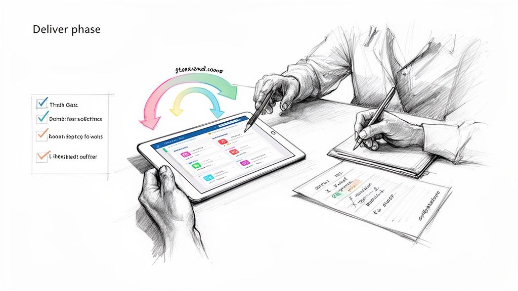 Pencil sketch of hands interacting with a tablet and writing notes, symbolizing project delivery.