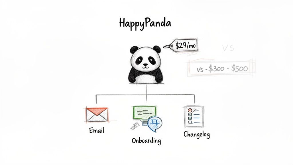 HappyPanda product diagram featuring a panda logo, $29/mo pricing, and service offerings: Email, Onboarding, Changelog.