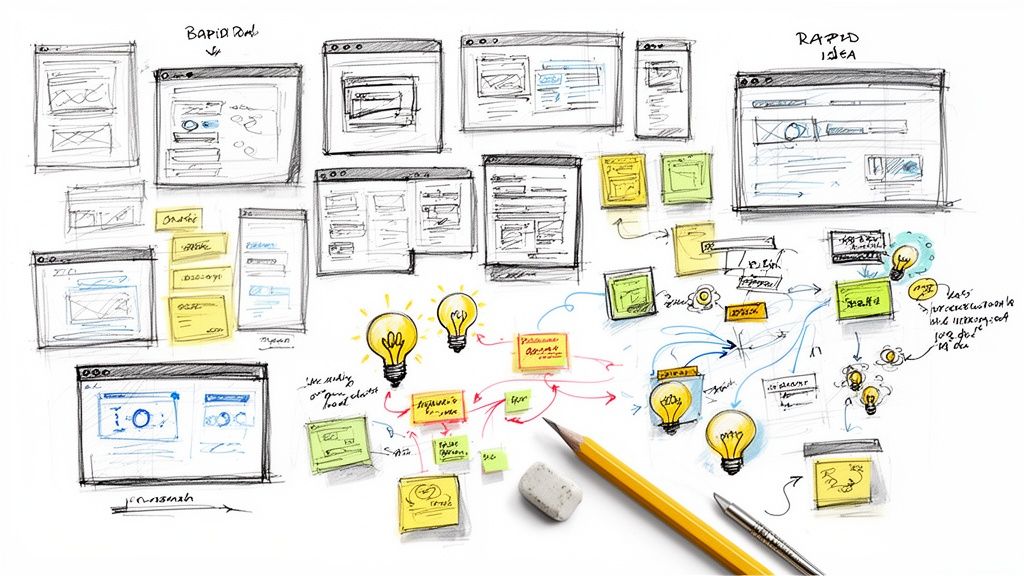 Hand-drawn wireframes, user flow diagrams, and brainstorming ideas illustrating a rapid design process.