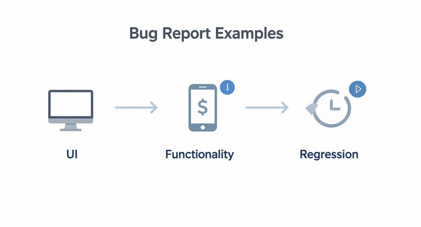 Diagram showing examples of bug report types: UI, Functionality, and Regression, with corresponding icons.