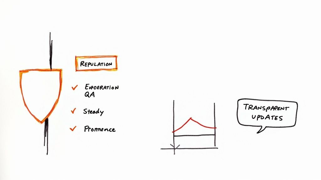 Hand-drawn whiteboard illustration showing 'Reputation' with criteria like QA, Steady, Prominence, and a 'Transparent Updates' speech bubble.