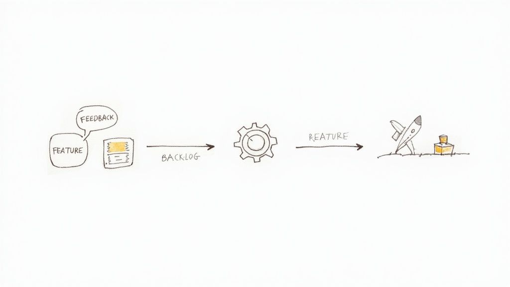 Hand-drawn diagram illustrating a product development workflow from feature requests and feedback to a release.