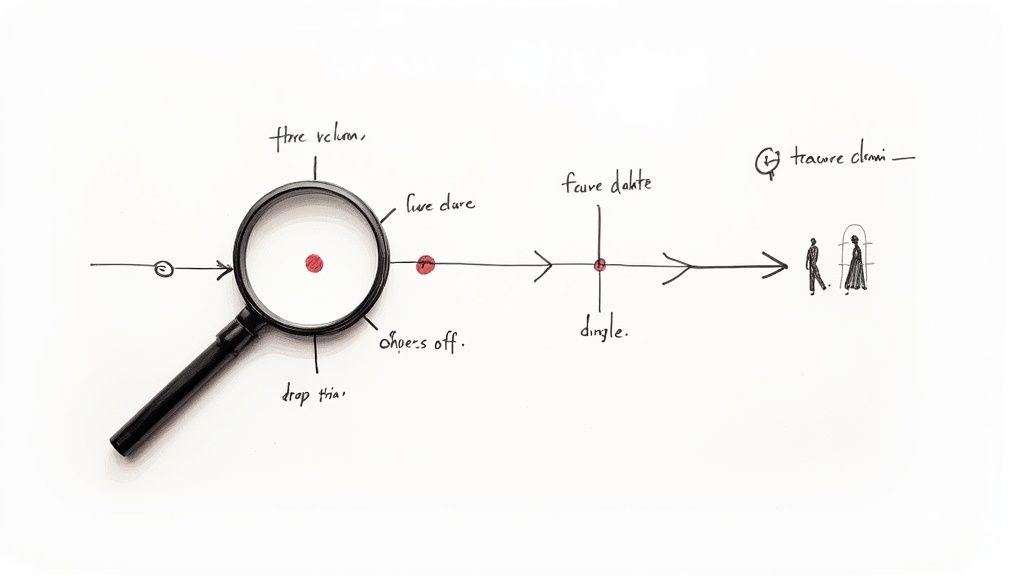 Hand-drawn process diagram illustrating a linear journey with a magnifying glass, labeled points, and two figures at the end.