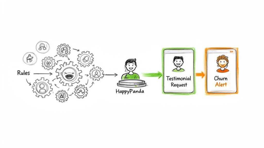 Visual diagram illustrating a customer feedback system (HappyPanda) generating testimonial requests or churn alerts based on rules.