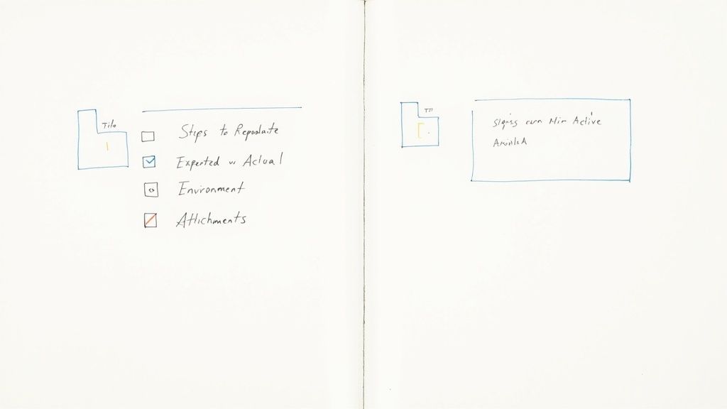 Handwritten notes on a notebook page showing a bug report template and checklist items.