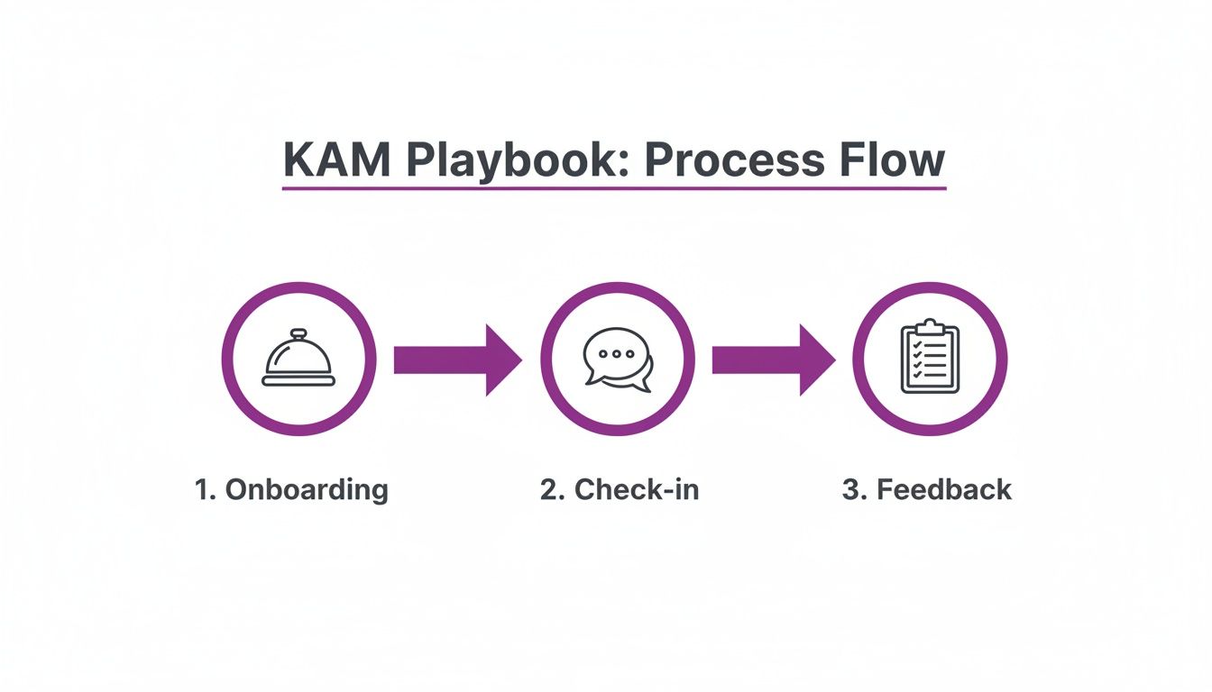 Visual diagram of the KAM Playbook process illustrating Onboarding, Check-in, and Feedback stages.