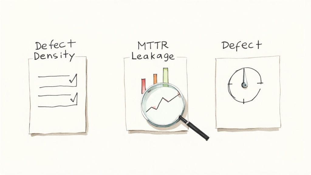 Three documents showing software quality metrics: defect density checklist, MTTR leakage analysis chart, and defect gauge