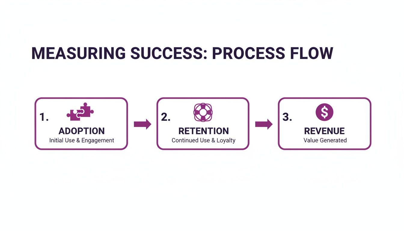 A three-step process flow illustrating measuring success: Adoption, Retention, and Revenue generation.