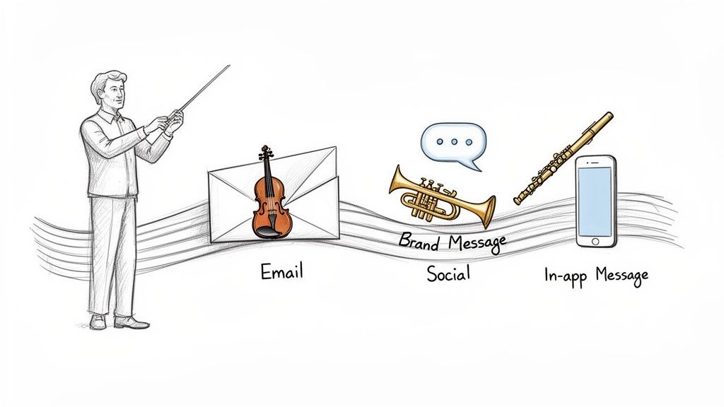 A conductor orchestrates various marketing communication channels: email, social media, and in-app messages.