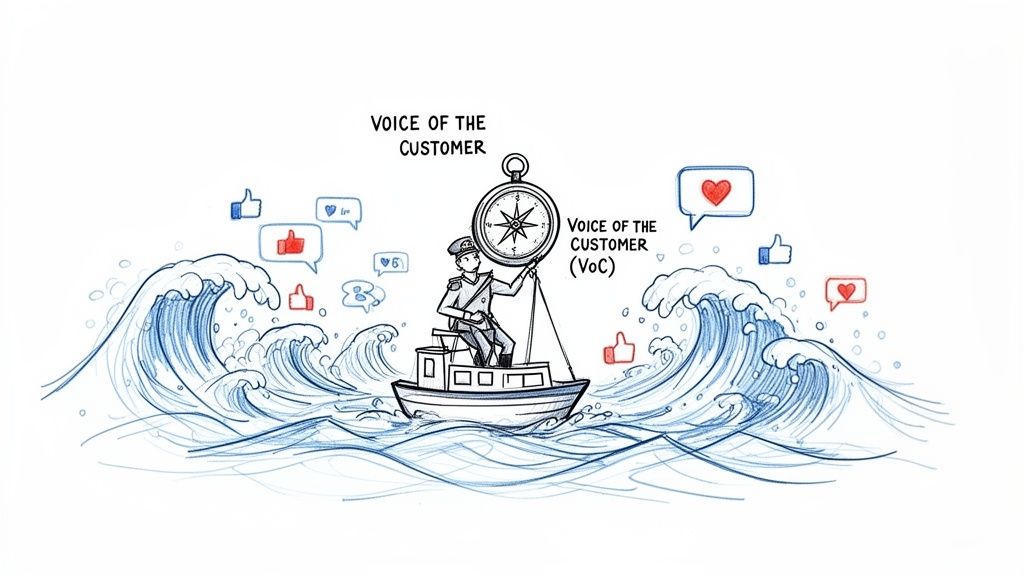 A cartoon captain navigates a boat through waves of social media feedback using a VoC compass.