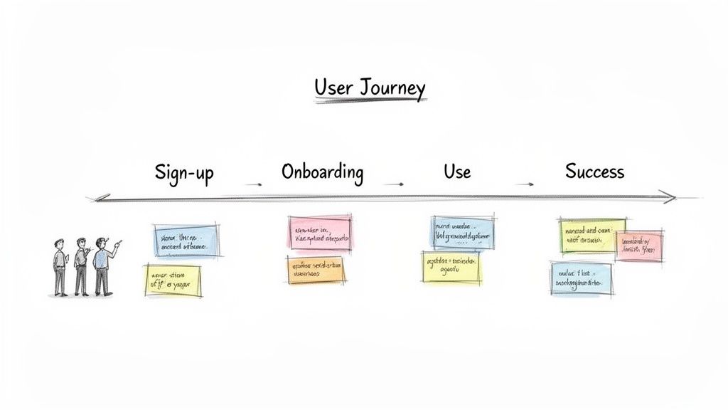 Hand-drawn user journey map illustrating stages like Sign-up, Onboarding, Use, and Success with sticky notes.