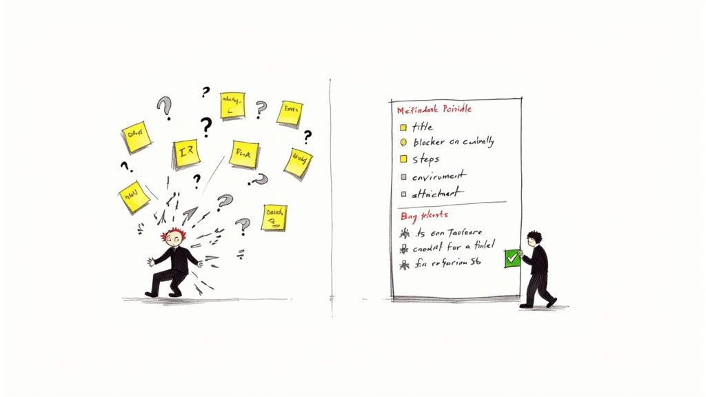 A person overwhelmed by chaotic sticky notes and questions, contrasted with a person organizing tasks on a bug reporting template.