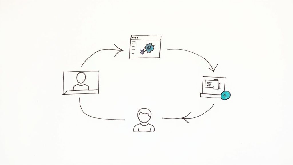 An illustration showing arrows connecting user feedback icons to team collaboration tools like Slack and Linear, representing an automated feedback loop.