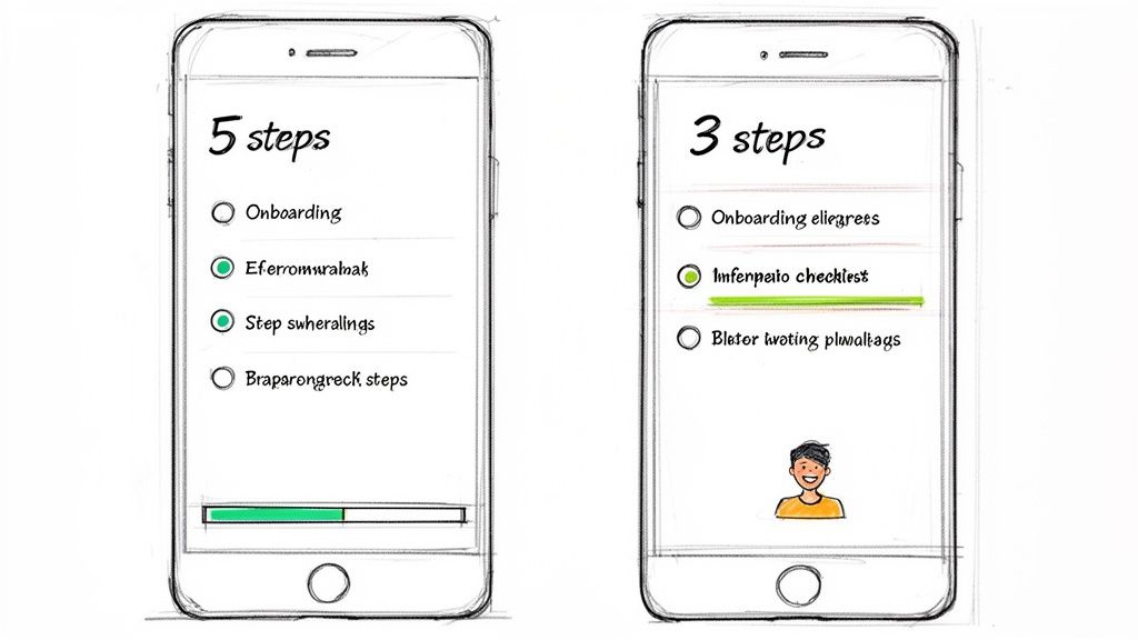 Two mobile screens displaying an A/B test of onboarding checklists with different steps and progress.