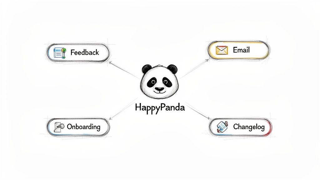 Hand-drawn HappyPanda logo with arrows pointing to Feedback, Email, Onboarding, and Changelog features.