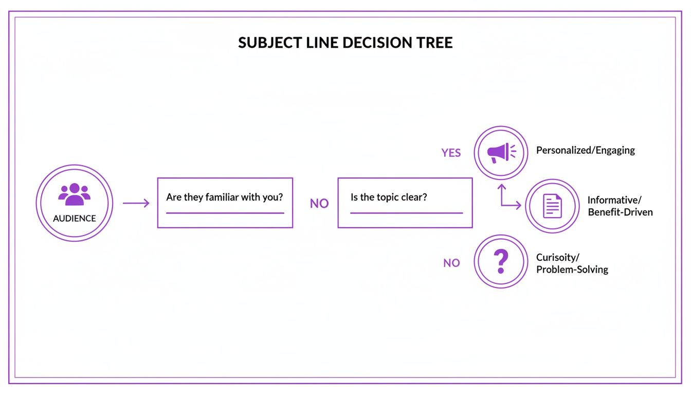 A subject line decision tree flowchart guiding choices based on audience familiarity and topic clarity.