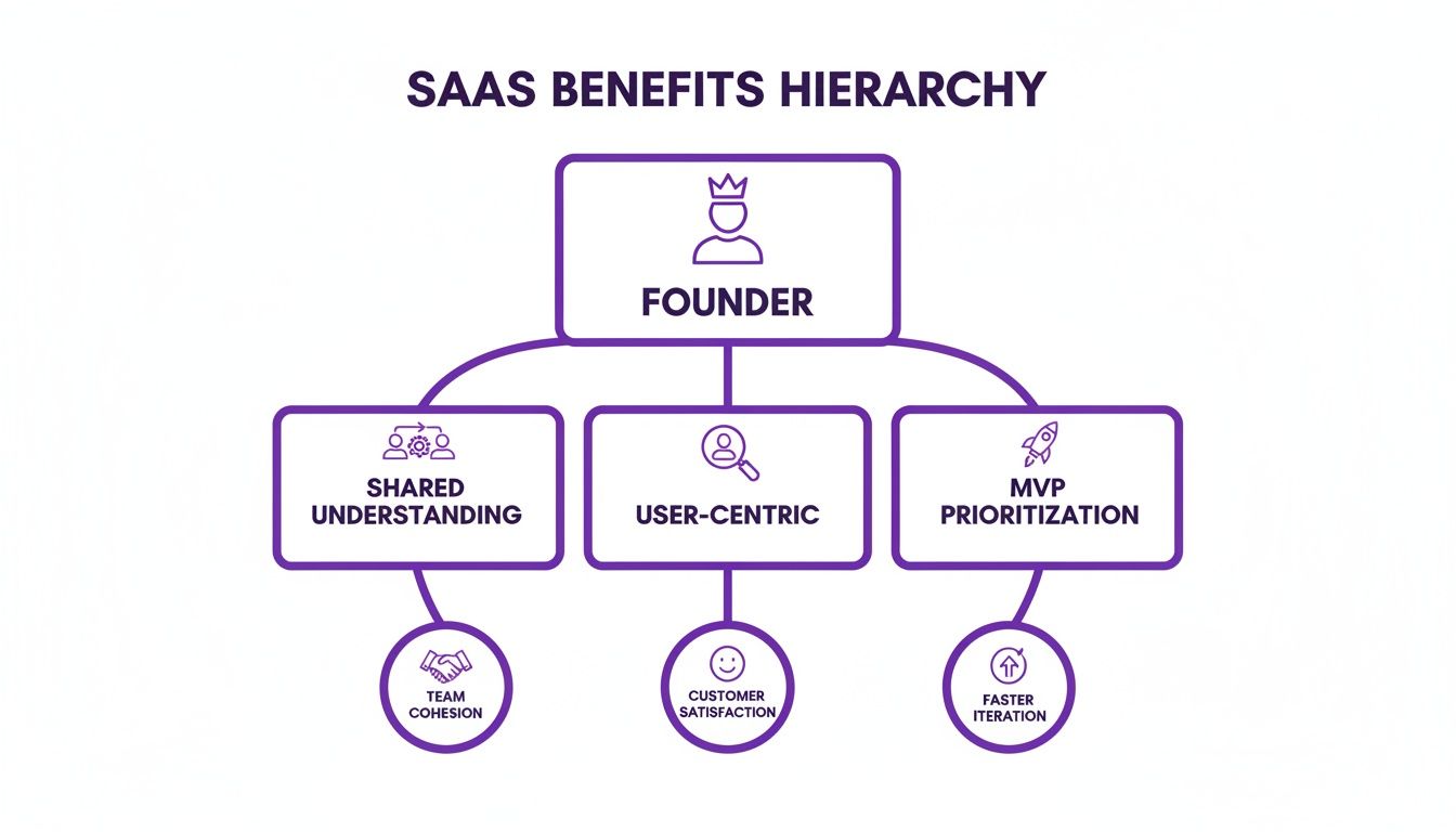 SaaS benefits hierarchy diagram for a founder, detailing shared understanding, user-centric, and MVP prioritization.