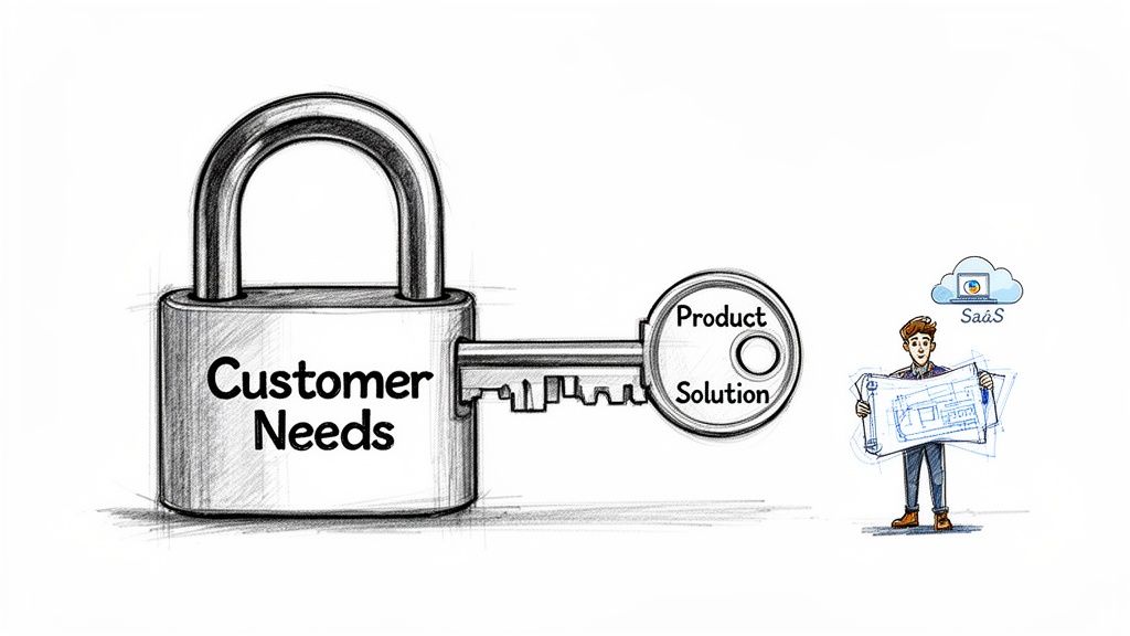 Padlock labeled 'Customer Needs' unlocked by a key with 'Product Solution', representing finding solutions for customer requirements.