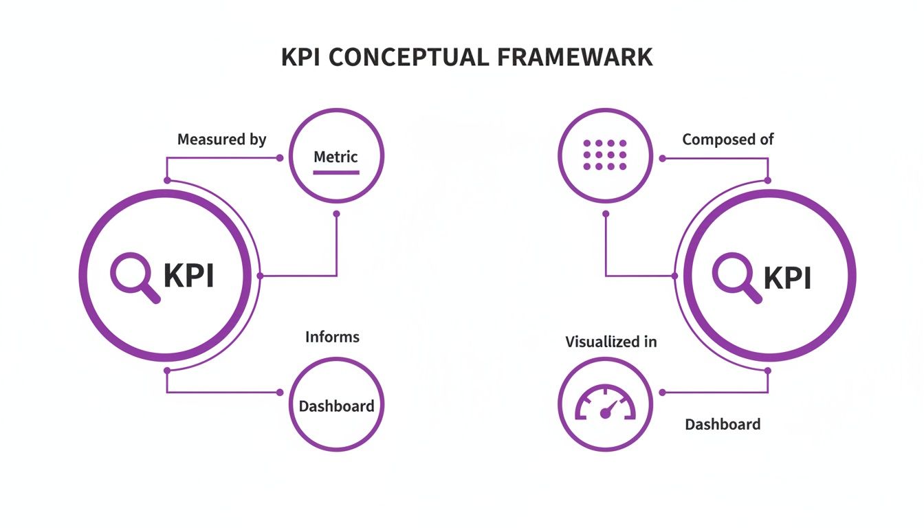 Diagram illustrating the KPI conceptual framework: measured by metrics, informs/visualized in dashboards.