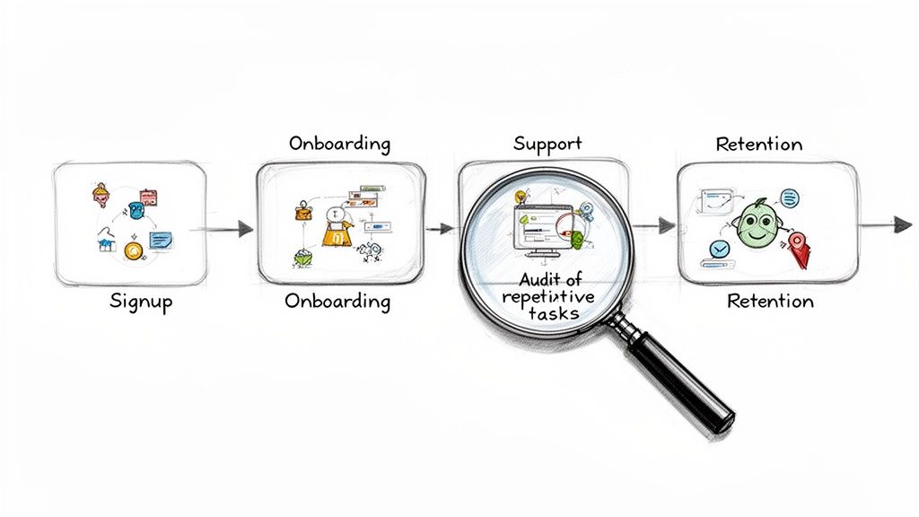 A four-stage business process flow: Signup, Onboarding, Support, and Retention, with an audit of repetitive tasks.