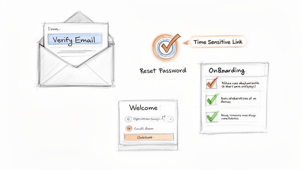 Hand-drawn sketches illustrating various user authentication flows including email verification, password reset, and onboarding.