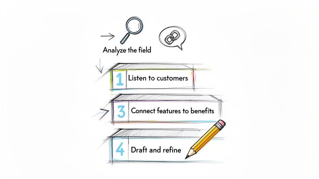 Hand-drawn diagram illustrating a four-step process for analyzing the field and defining unique selling points.